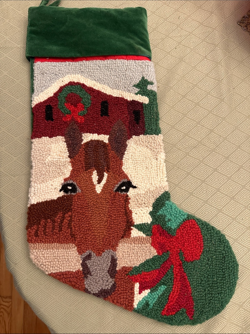 Dover Saddlery hose-themed needlework Christmas holiday stocking